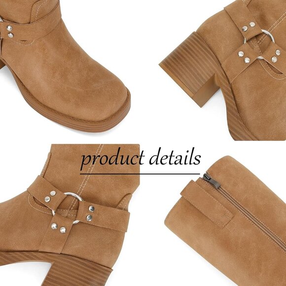 Women's Faux Leather Knee High Riding Boots Wide Calf Block Heel Zipper - Picture 7 of 7